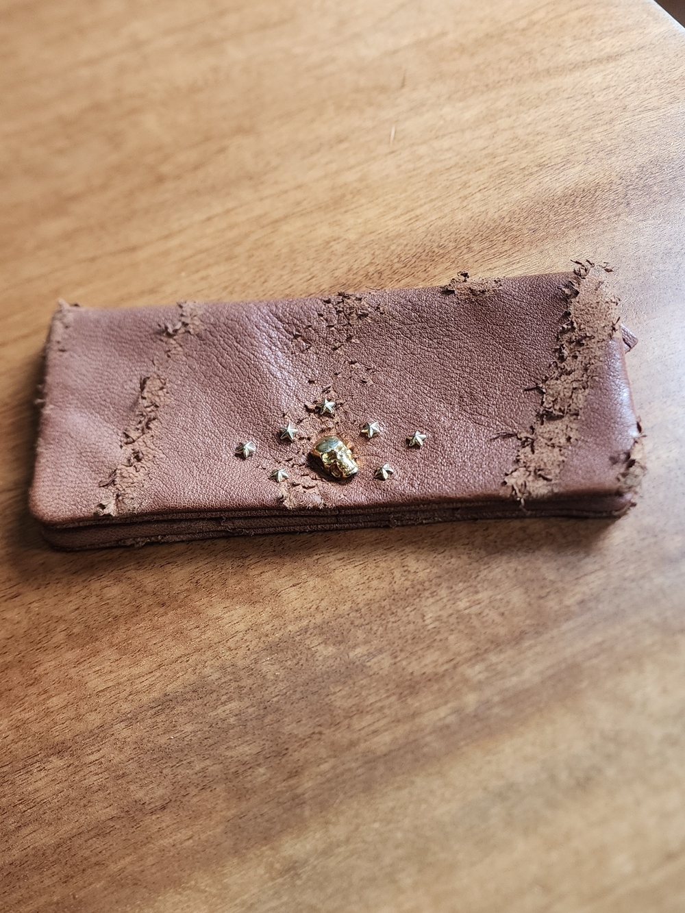 Malababa Brown Distressed Leather Fold Wallet with Gold Stud and Skull Detail